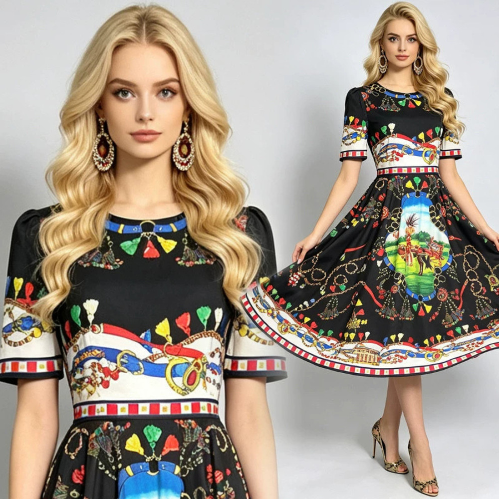 Womens Elegant Printed Round Neck Short Sleeve High Waist Slim Fit A Line Dress